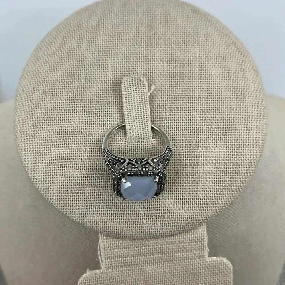 💎 Rare QVC Sterling Silver Gray Chalcedony & Marcasite Ring - Size 7 - Picture 9 of 17